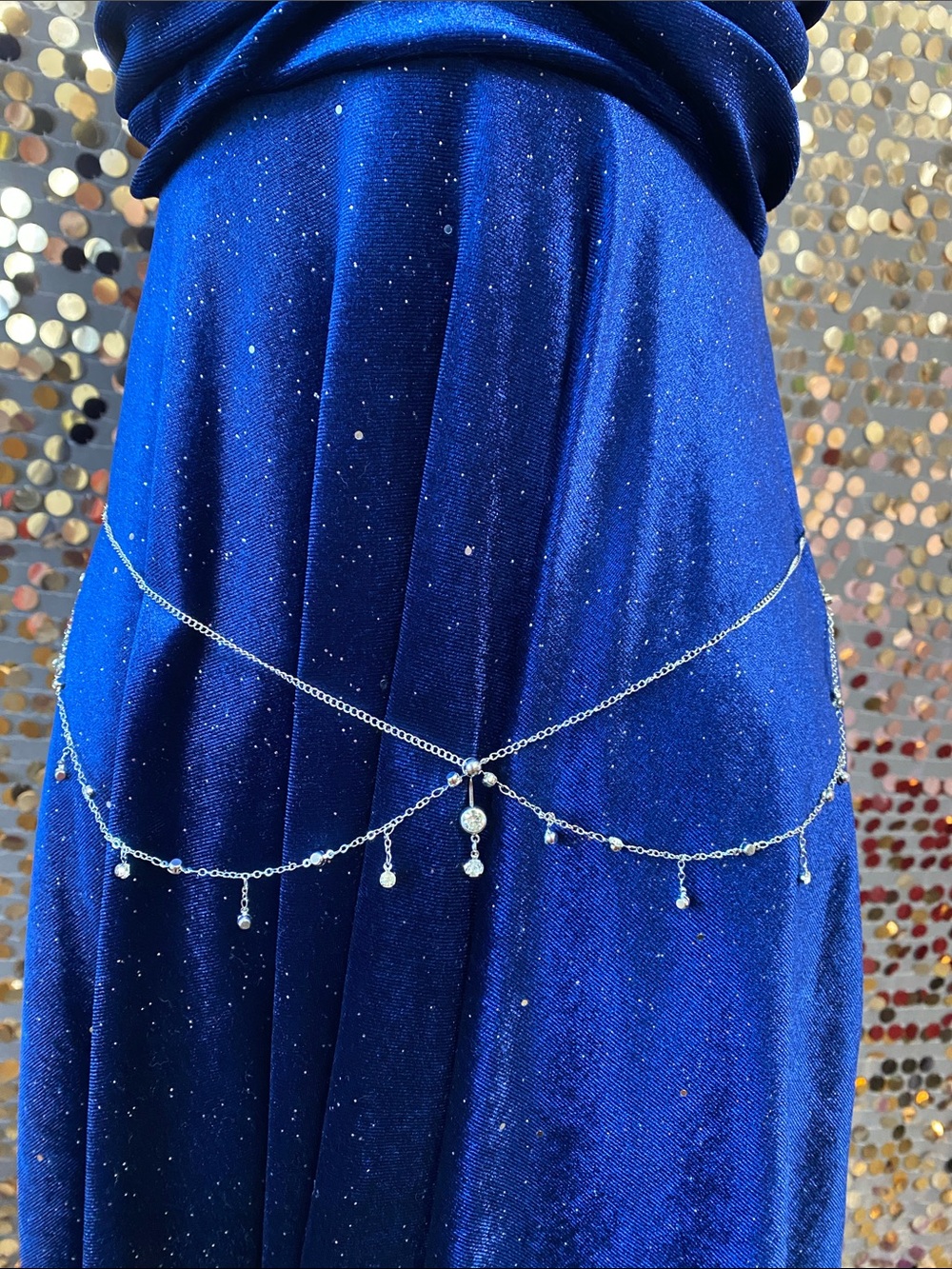 Silver tone body chain with clear rhinestones #439